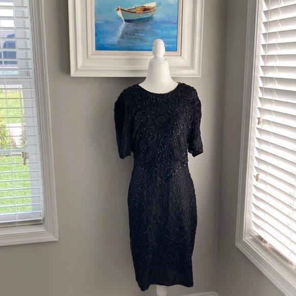 Vintage 80s Laurence Kazar Beaded Shortsleeve Black Formal Cocktail Dress Large - Picture 1 of 15